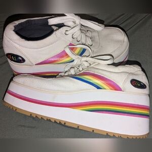 Y2K DELIA'S Sold-Out Women's White Canvas Platform Sneakers with Rainbow Stripe